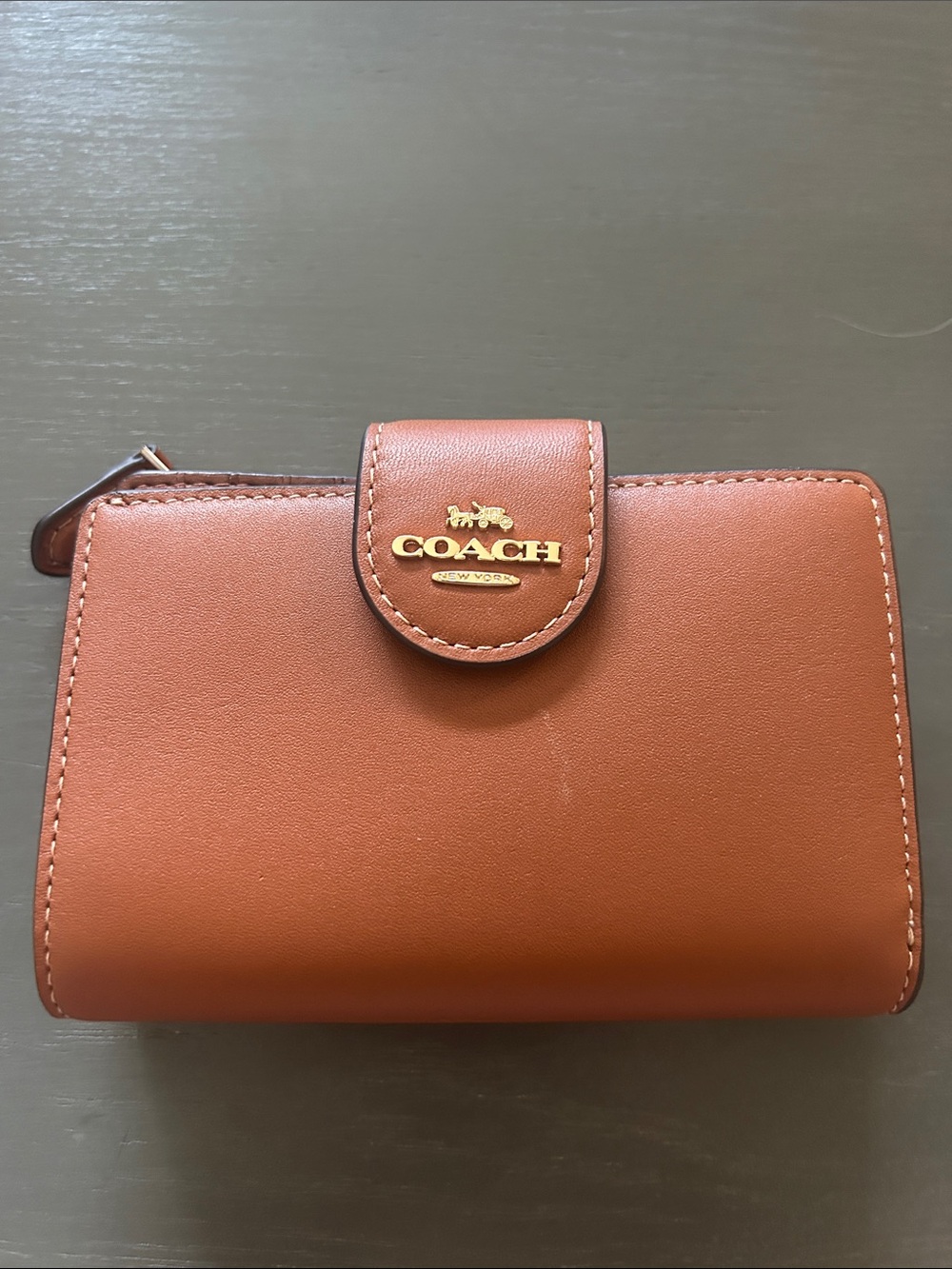 Coach Compact Leather Wallet in Saddle/Tan Brown with Gold Logo